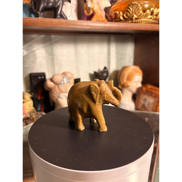 Other - Vintage Hand Carved Stone Elephant Figurine Brown Marble Lucky Trunk Up Decor